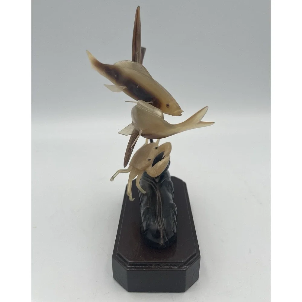 Vtg Asian Marine Sea Sculpture Horn Hand Carved Fish Crab Resin Beach Cabin